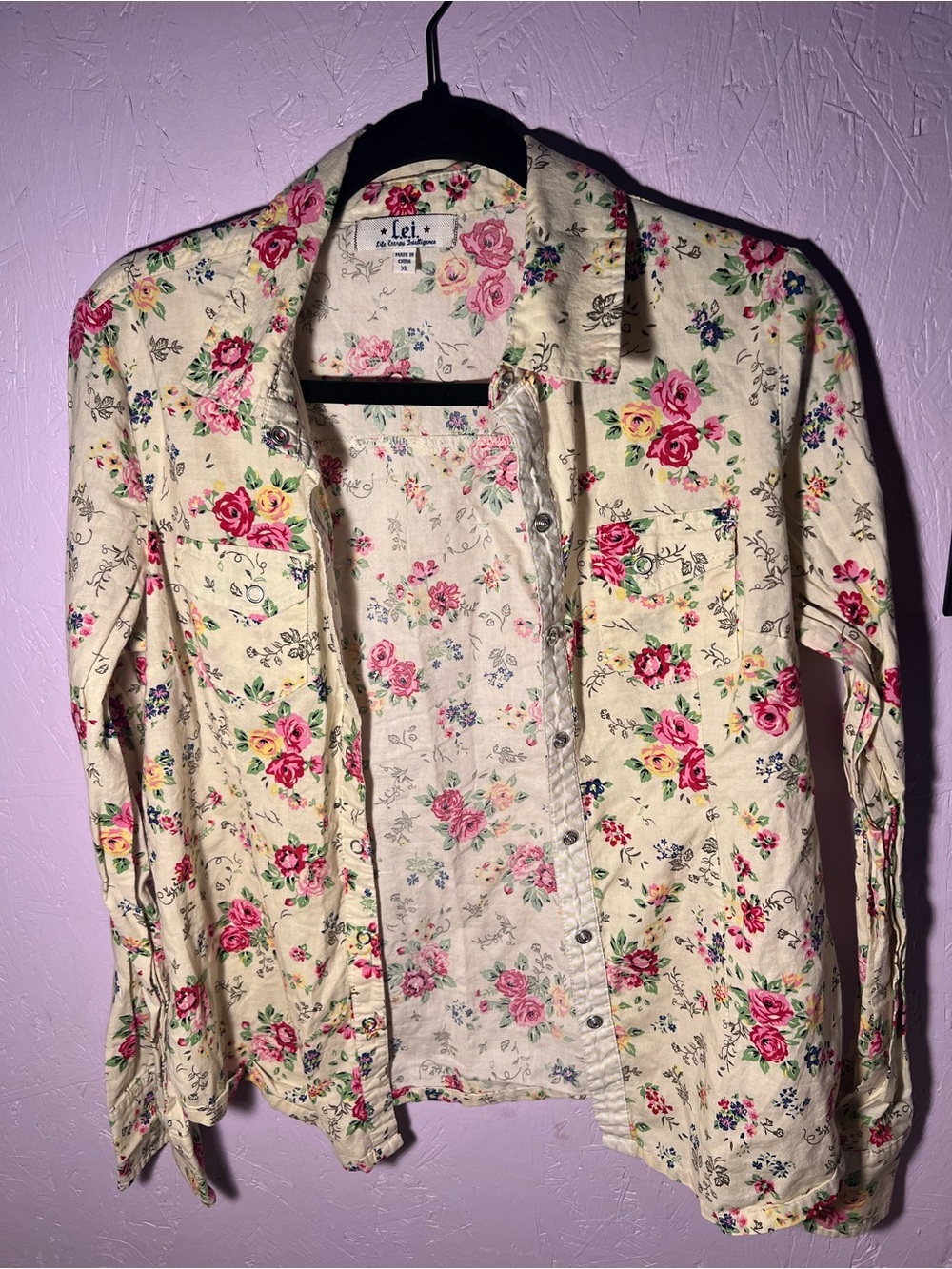 lei Cream Floral Button-Up Jean Jacket with Pink Roses